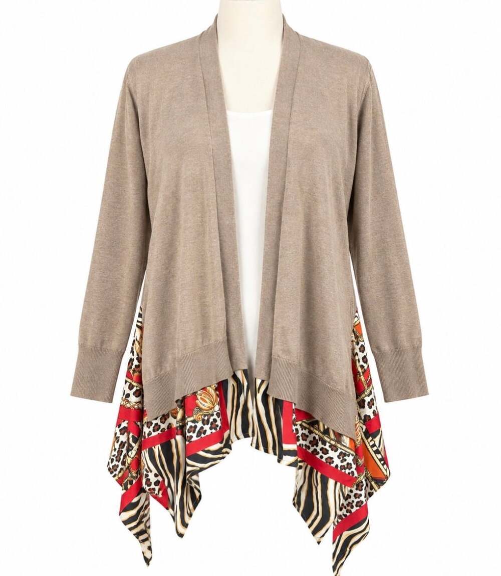 Chico’s Women’s Size 3 XL Tan Cardigan Animal Print Scarf Hem Open Front